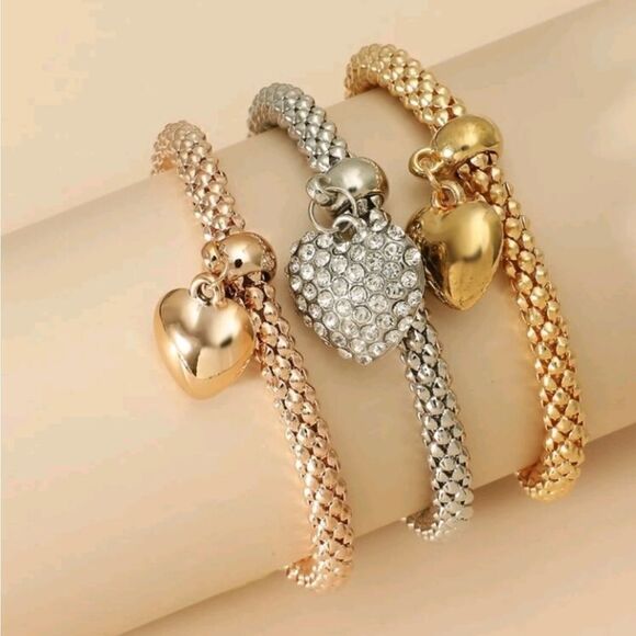 3pcs Rhinestone Heart Charm Bracelet - Picture 1 of 4